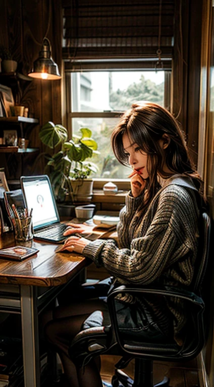A person sitting at a desk, working on a laptop. The desk has a cup of coffee, some books, and a potted plant. The background is a cozy home office with warm lighting.