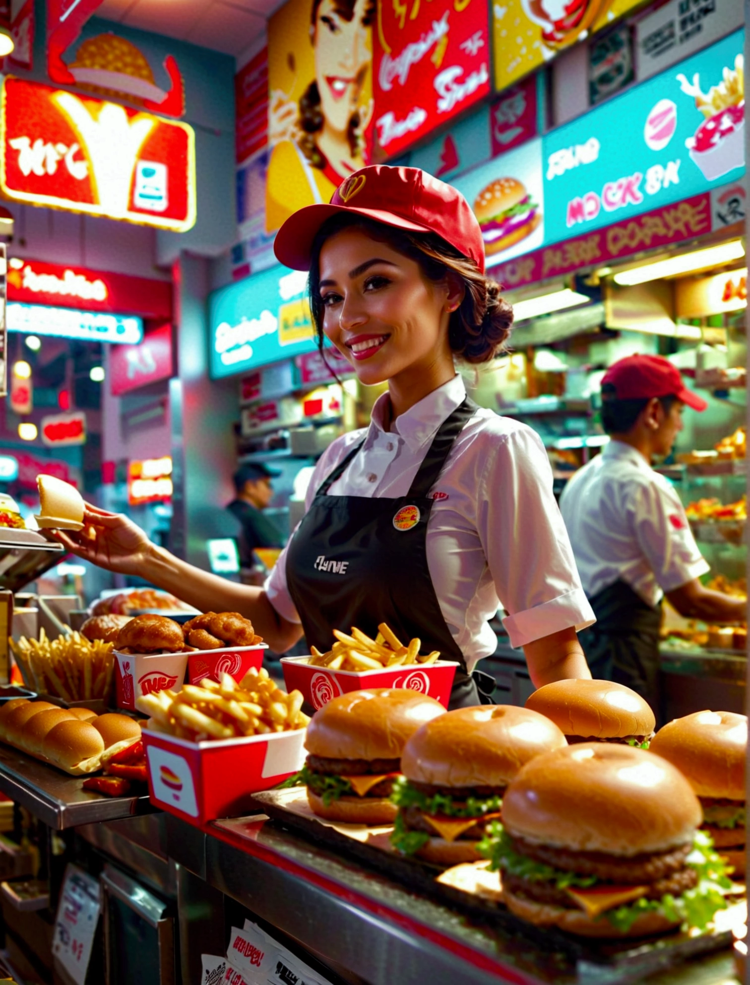 Aphotorealistic, ultra-detailed representation of a dedicated fast food worker serving customers behind the counter in an upper body shot. The individual, showcasing a genuine smile, is skillfully multitasking, handling various orders with precision and attention to detail. Their uniform, emblazoned with the familiar logos of the fast food chain, is worn neatly, and their hands move with dexterity as they assemble meals. The background is a blur of movement, customers lining up to place their orders. The scene is brightly lit, highlighting the worker's focused expression and the intricate mechanisms of the fast food assembly line. The image is shot in 8K UHD, gigantic breasts, giga_busty