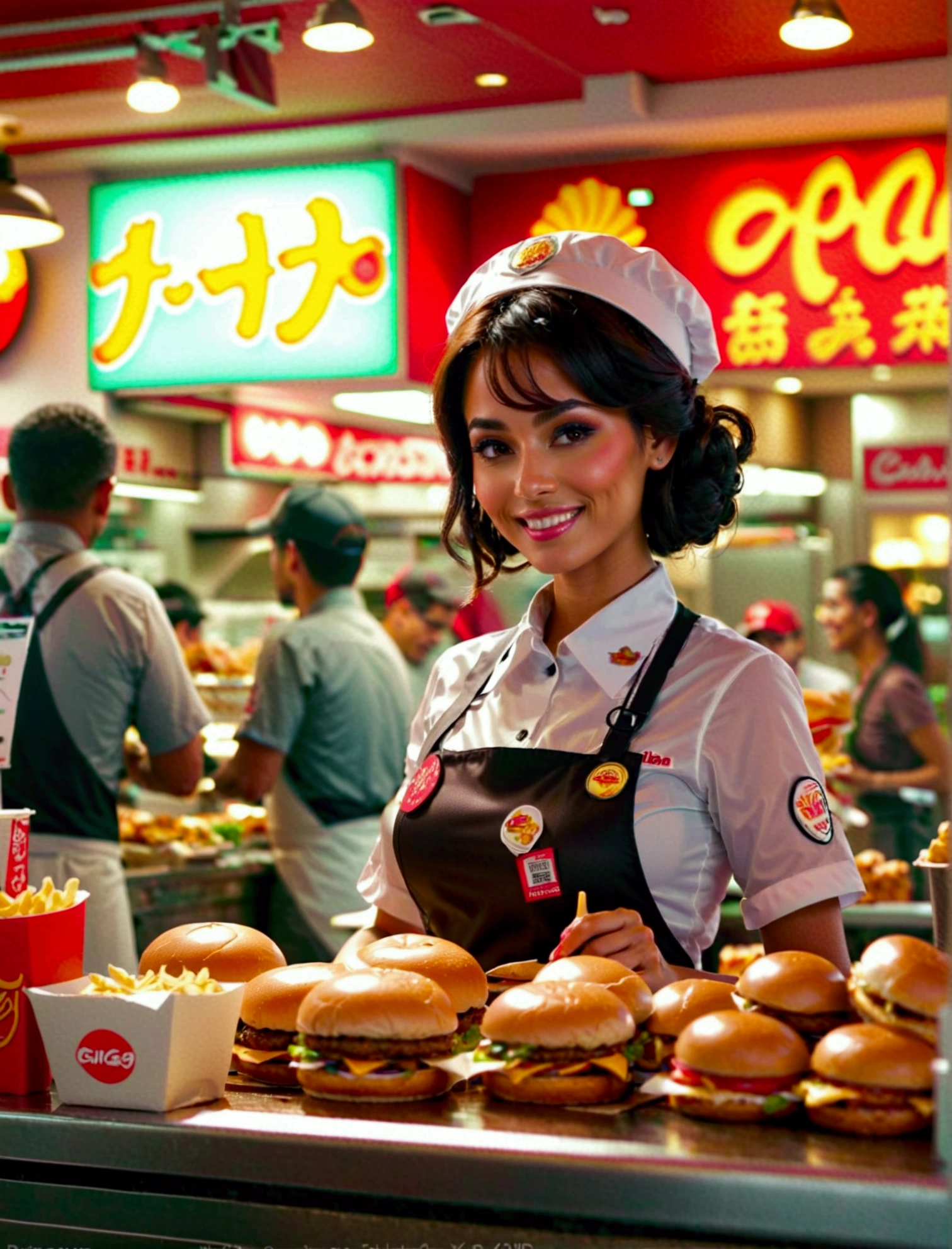 Aphotorealistic, ultra-detailed representation of a dedicated fast food worker serving customers behind the counter in an upper body shot. The individual, showcasing a genuine smile, is skillfully multitasking, handling various orders with precision and attention to detail. Their uniform, emblazoned with the familiar logos of the fast food chain, is worn neatly, and their hands move with dexterity as they assemble meals. The background is a blur of movement, customers lining up to place their orders. The scene is brightly lit, highlighting the worker's focused expression and the intricate mechanisms of the fast food assembly line. The image is shot in 8K UHD, gigantic breasts, giga_busty