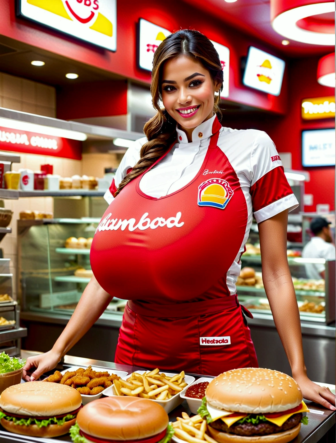 Aphotorealistic, ultra-detailed representation of a dedicated fast food worker serving customers behind the counter in an upper body shot. The individual, showcasing a genuine smile, is skillfully multitasking, handling various orders with precision and attention to detail. Their uniform, emblazoned with the familiar logos of the fast food chain, is worn neatly, and their hands move with dexterity as they assemble meals. The background is a blur of movement, customers lining up to place their orders. The scene is brightly lit, highlighting the worker's focused expression and the intricate mechanisms of the fast food assembly line. The image is shot in 8K UHD, gigantic breasts, giga_busty