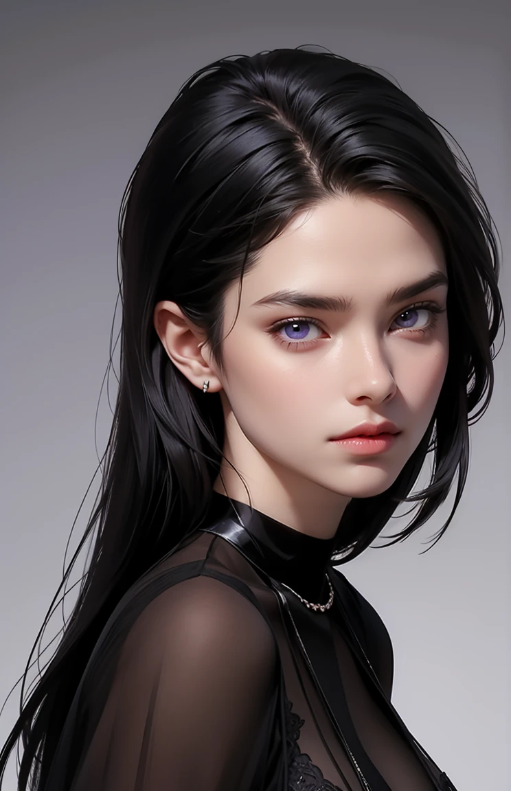 1woman,long hair,black hair,purple eyes,black dress