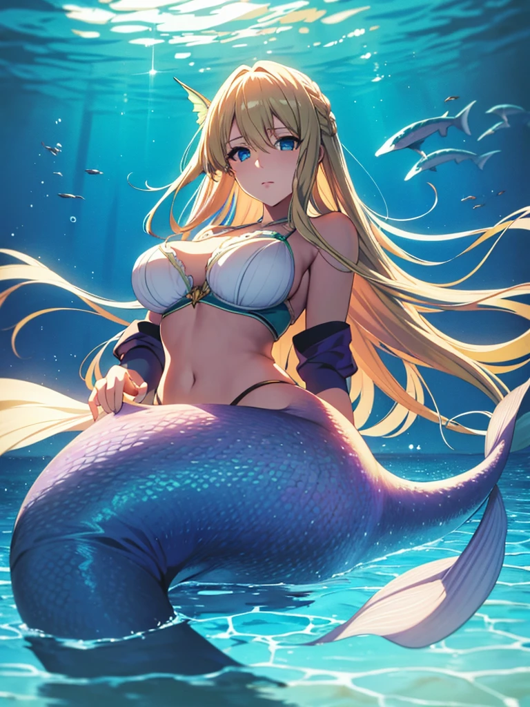 violet evergarden, mermaid, underwater, masterpiece, best quality, 1girl, solo, blonde hair, long hair blue eyes, large breasts, bra, looking at viewer, green mermaid tail,