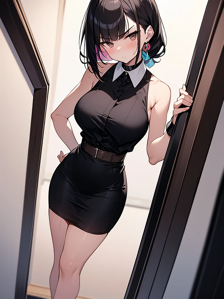 NSFW:1.3. Anime drawings with vivid colors Full-body figures of tall women:1.9 Clothing:1.3 Arms folded under breasts Sweat White collared sleeveless shirt and black long skirt with a stylish choker Good posture, troubled face, glaring, wrinkled brows, flushed cheeks, night:1.3 Apartment bedroom Short black hair Ponytail:1.3 Straight hair Sweep your bangs to the side:1.9. Slanted eyes, brown eyes, tall, big breasts, strong-willed, beautiful