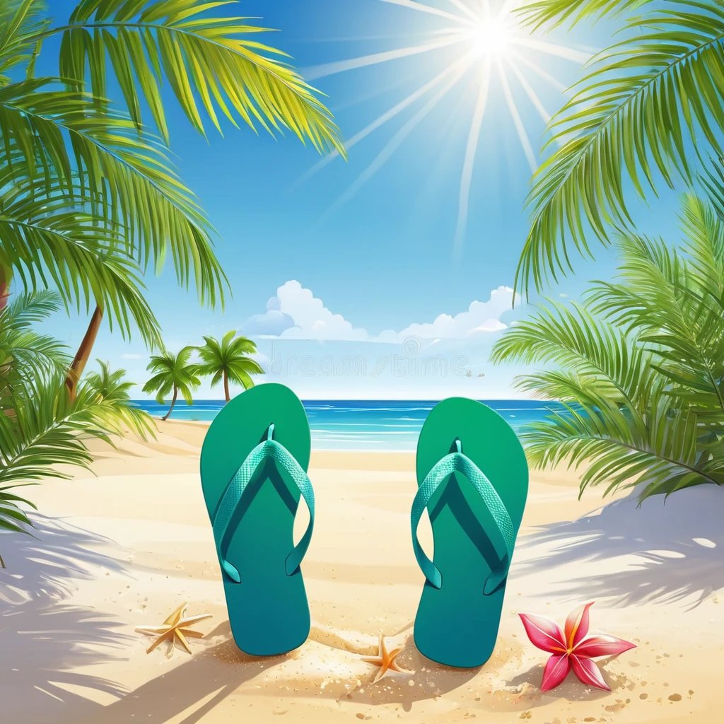 A pair of flip-flops on the beach under the palm trees royalty free illustration, palm leaves on the beach, Beach Background, at a Tropical Beach, Tropical Beach paradise, Beach sunny day, calm sea and Beach Background, Tropical Beach, mediterranean Beach Background, Palm trees on the beach, Seaside background, Paradise in the background, relaxing on the beach, Tropical background