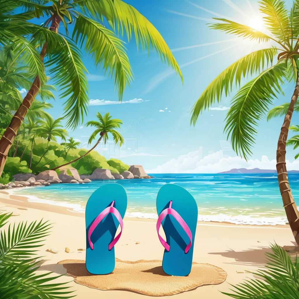 A pair of flip-flops on the beach under the palm trees royalty free illustration, palm leaves on the beach, Beach Background, at a Tropical Beach, Tropical Beach paradise, Beach sunny day, calm sea and Beach Background, Tropical Beach, mediterranean Beach Background, Palm trees on the beach, Seaside background, Paradise in the background, relaxing on the beach, Tropical background