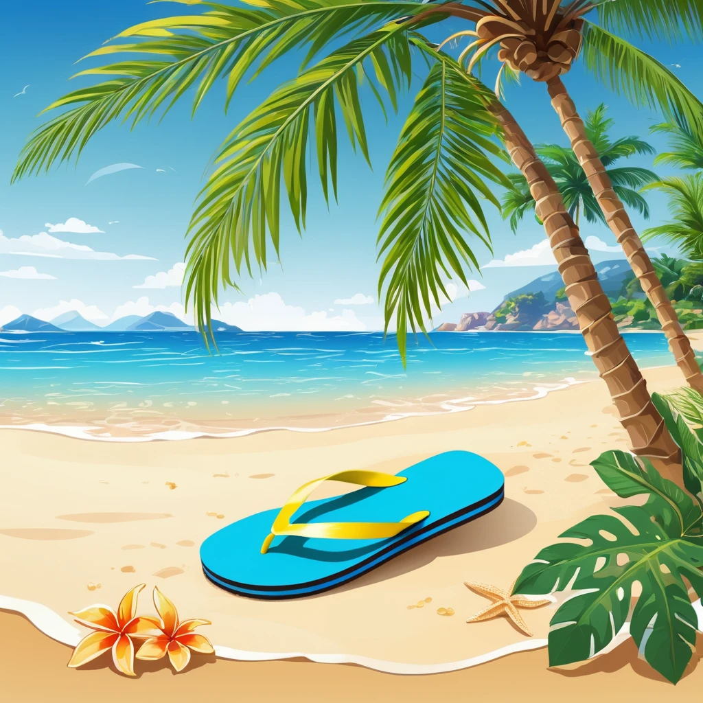 A pair of flip-flops on the beach under the palm trees royalty free illustration, palm leaves on the beach, Beach Background, at a Tropical Beach, Tropical Beach paradise, Beach sunny day, calm sea and Beach Background, Tropical Beach, mediterranean Beach Background, Palm trees on the beach, Seaside background, Paradise in the background, relaxing on the beach, Tropical background