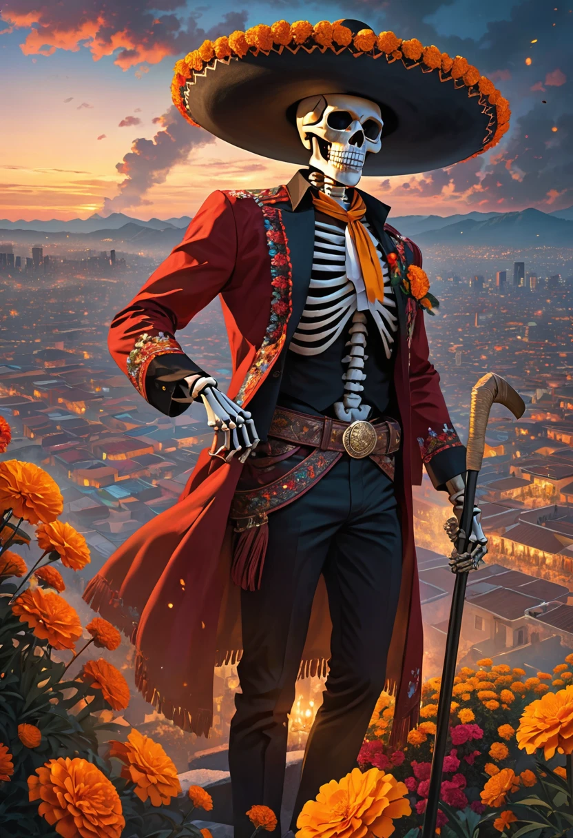 (masterpiece, best quality:1.1),(the skeleton gentleman, wearing a sombrero and mariachi costume),(he looks down on the city from high place),face looks like a Calavera skull,skeleton hand,skeleton body,arrogant, holding a large scythe, marigold flowers, candles,dynamic pose ,mexican city,(dia de los muertos),(Glowing, smoke,)