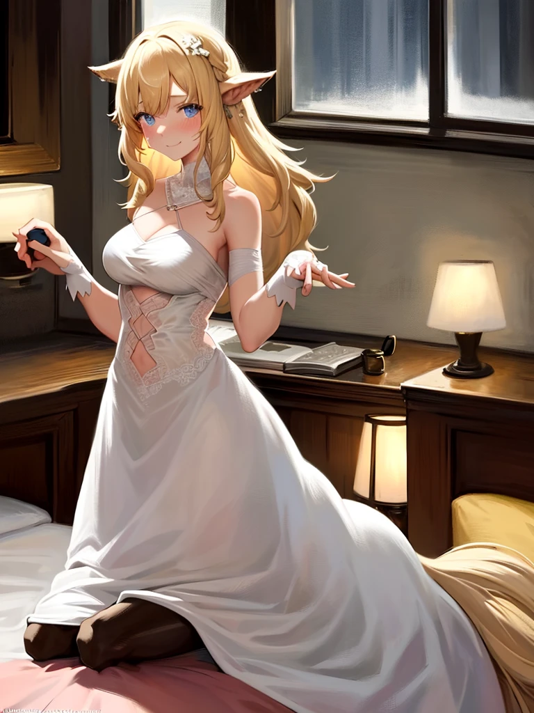 1girl, centaur, blonde hair, medium hair, blue eyes, white wedding dress, happy face, blush, looking at viewer, bedroom, bed,