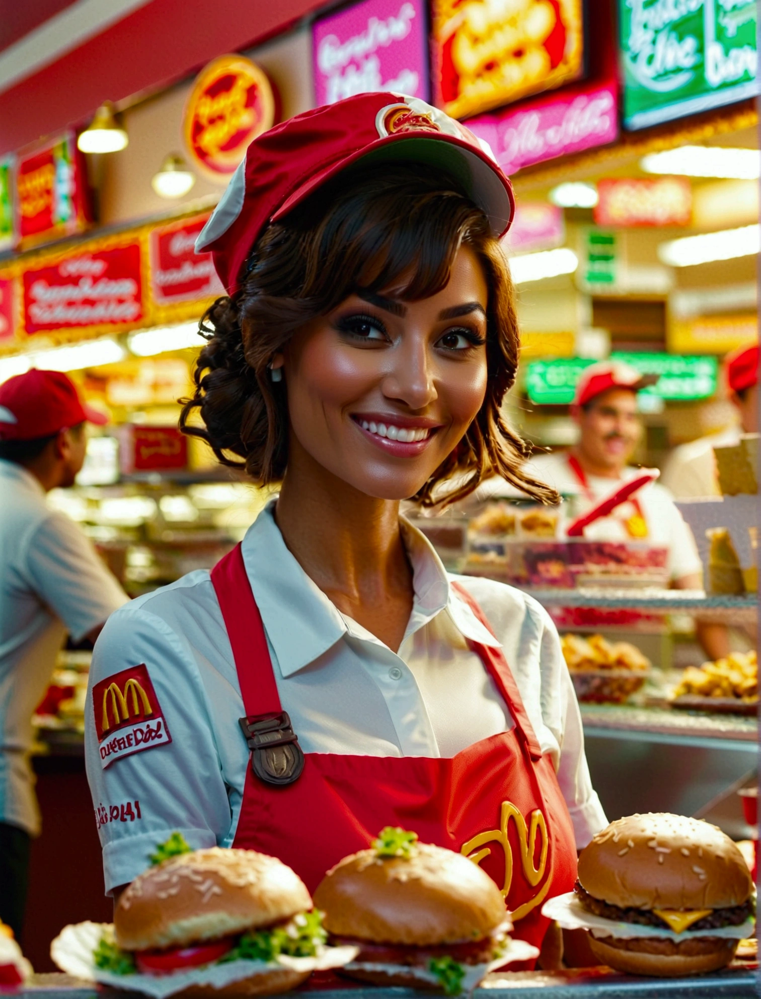 Aphotorealistic, ultra-detailed representation of a dedicated fast food worker serving customers behind the counter in an upper body shot. The individual, showcasing a genuine smile, is skillfully multitasking, handling various orders with precision and attention to detail. Their uniform, emblazoned with the familiar logos of the fast food chain, is worn neatly, and their hands move with dexterity as they assemble meals. The background is a blur of movement, customers lining up to place their orders. The scene is brightly lit, highlighting the worker's focused expression and the intricate mechanisms of the fast food assembly line. The image is shot in 8K UHD, gigantic breasts, giga_busty