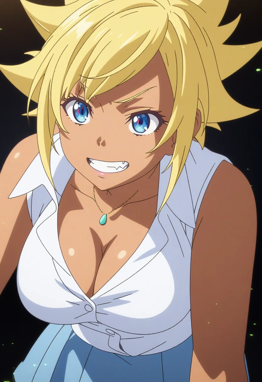 best quality, anime coloring, game art, dark-skinned female, solo, yellow hair, spiky hair, bangs, gyaru, blue eyes, toothpick, fang out, grin, jewellery, cleavage, white buttoned shirt, white shirt, skirt, blue skirt, sleeveless, large breasts, aerial, shiny skin, dark background, simple background, shading, light particles, absurdres,  