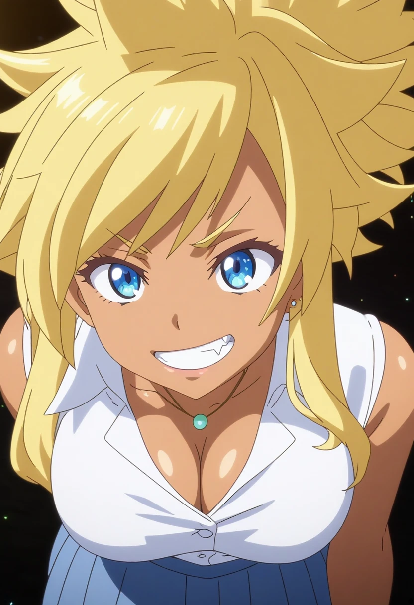 best quality, anime coloring, game art, dark-skinned female, solo, yellow hair, spiky hair, bangs, gyaru, blue eyes, toothpick, fang out, grin, jewellery, cleavage, white buttoned shirt, white shirt, skirt, blue skirt, sleeveless, large breasts, aerial, shiny skin, dark background, simple background, shading, light particles, absurdres,  