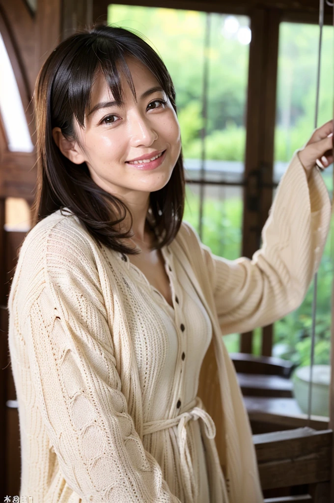 (8K、RAWE Photo、Highest quality、masterpiece:1.2)、(Real、Photorealistic:1.37)、Super detailed、Ultra-high resolution、1 girl、Beautiful detailed face、(Feather Cut: 0.6)、Professional Lighting、The lighting is bright、actress、model、Japanese、Full body、Wide-angle shot、Daytime、bright、 simple background ,Simple Background、Model posing, full body , cowboy shot ,40-year-old woman、Mature Woman、smile、smile、そうに遊んcome forth、come forth、