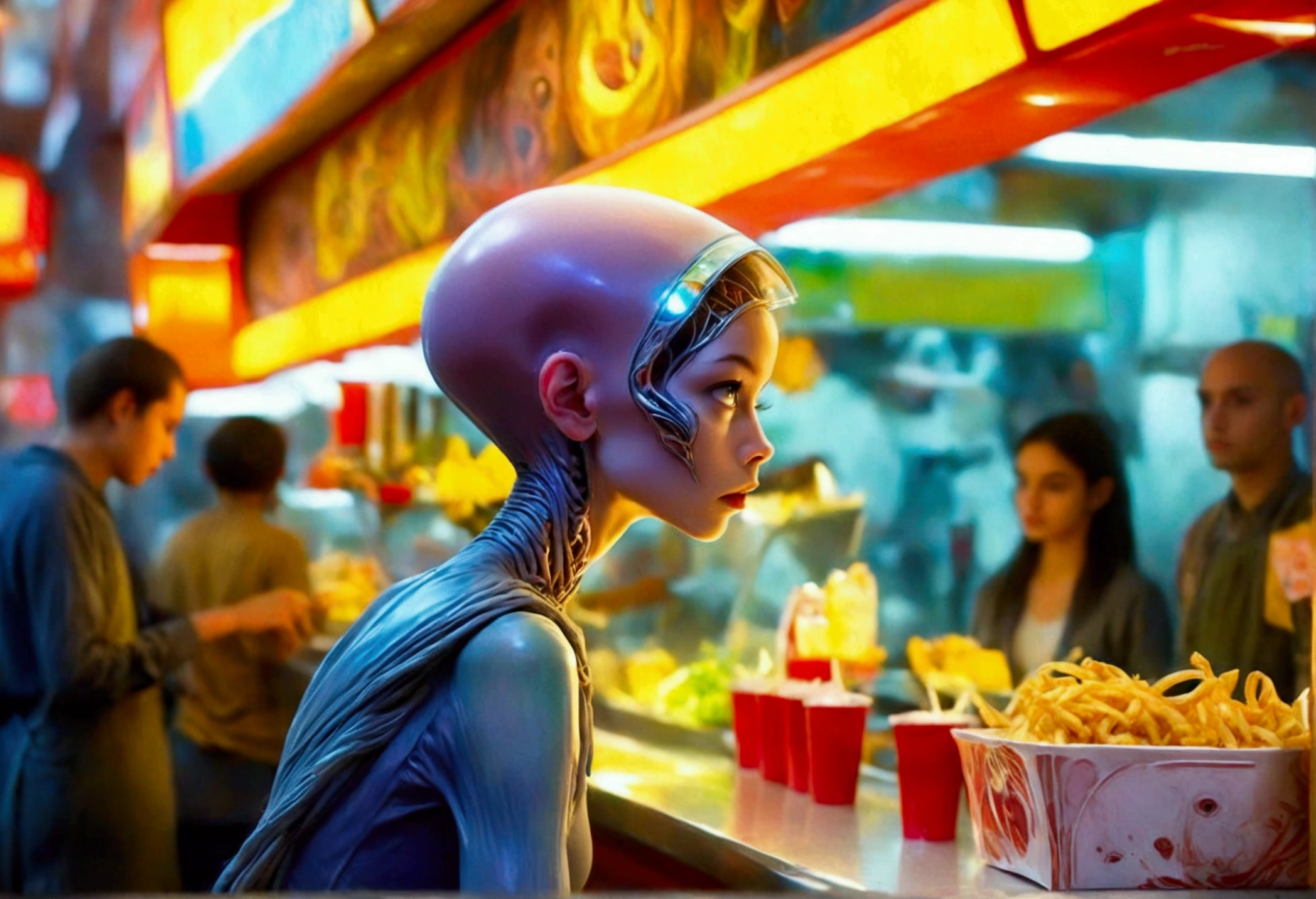 An alien fast food worker (human, age 18, female, shaved head, hypnotized,, minimal clothes, brain parasite), working the counter at an alien restaurant, alien family in line