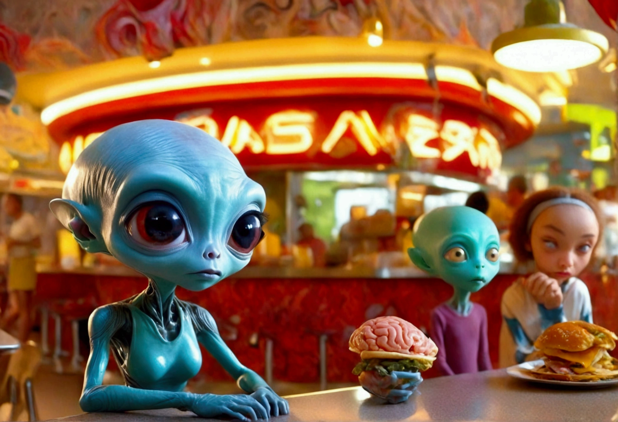 An alien fast food worker (human, age 18, female, shaved head, hypnotized,, minimal clothes, brain parasite), working the counter at an alien restaurant, alien family in line