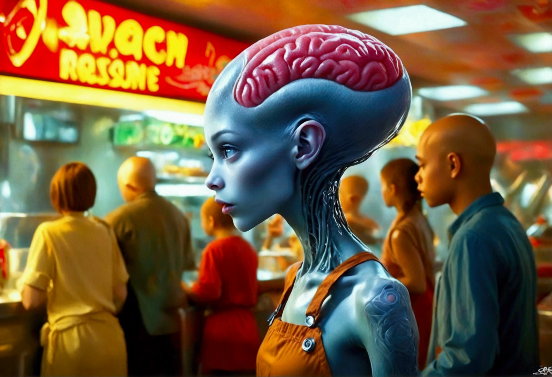 An alien fast food worker (human, age 18, female, shaved head, hypnotized,, minimal clothes, brain parasite), working the counter at an alien restaurant, alien family in line