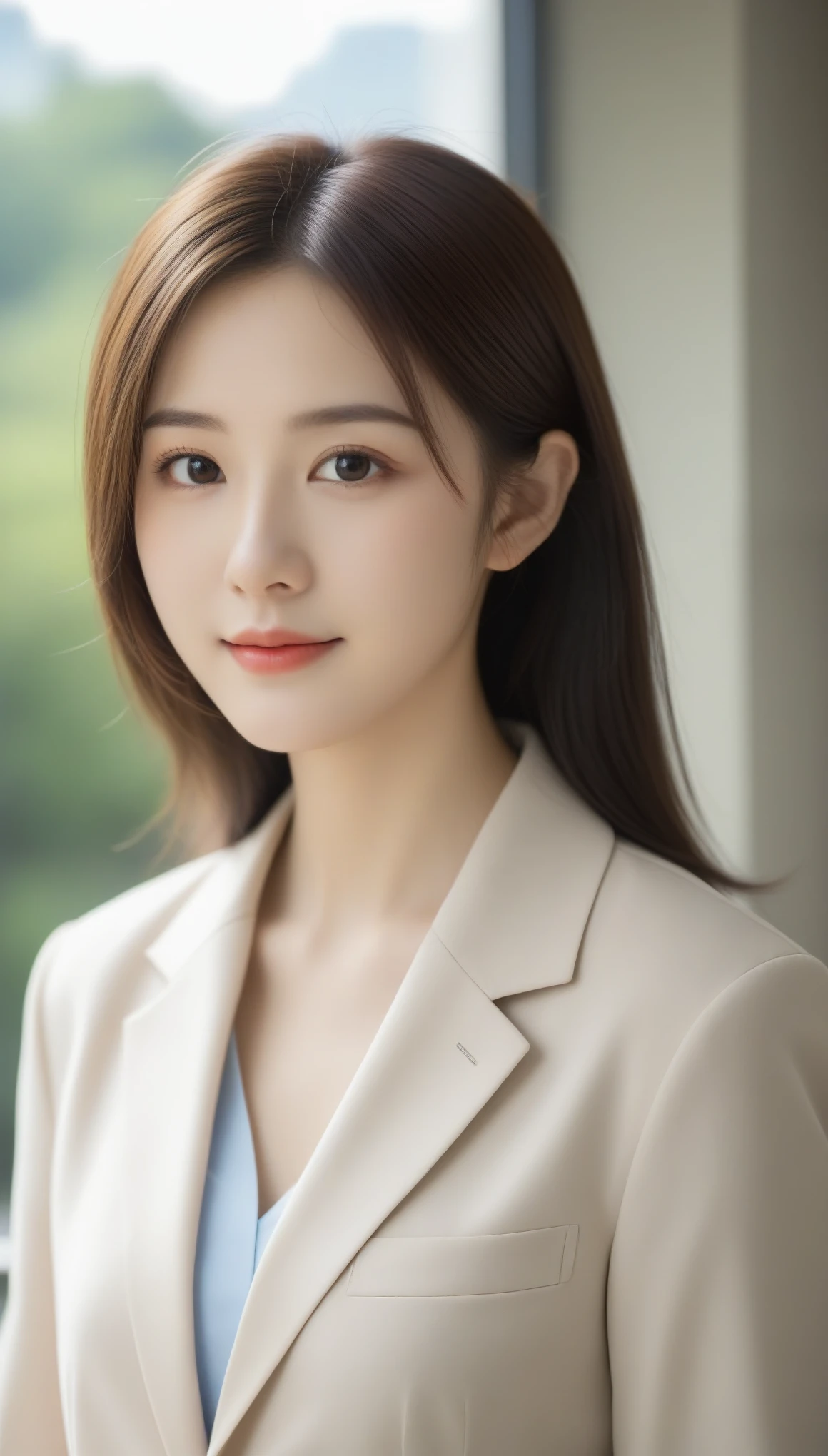 8K, Ultra-high resolution, Highest quality, masterpiece, 三分割法によるphotograph,Surreal, photograph, 1 Girl, (:1.3), pretty girl, Cute face, Beautiful eyes in every detail, 細かくdetailedに,masterpiece,One Girl:1.2, Japan Female Announcer,Tabletop、light brown disheveled hair,Wearing a blazer uniform、Sharp focus、Perfect dynamic composition、Beautiful and detailed、Thin Hair、Detailed real skin texture、smile、Close-up portrait、Model Body Type,Looking at the audience、beauty,Long neck、(((Ideal body type))),A cup small breasts :2,、Portraiture:2、Perfect Anatomy、なdetailed、detailed、Surreal、Light and shadow,Strong light