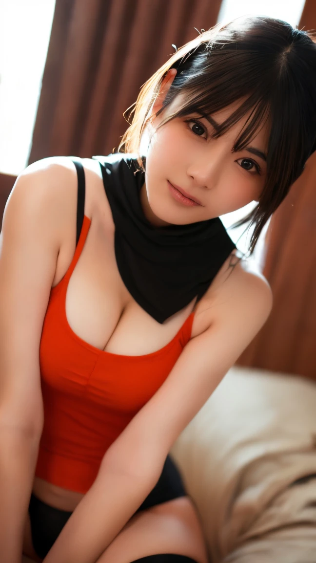 Photos taken by a professional photographer，kiss, Face about to kiss, Woman close up, Big Breasts, Shorts, Young and pretty girl, Japanese Model, Wearing a casual sleeveless shirt in random colors,Brown short hair, Cute young woman, Black Pantyhose，black tights, (Full-body showcase), (Show your whole body)