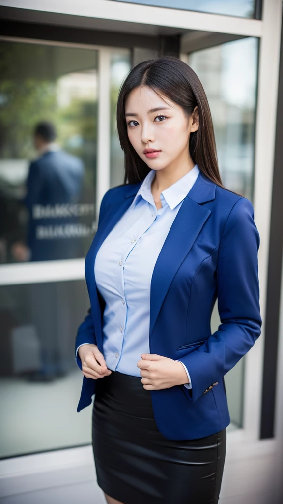 (masutepiece,High quality,16k:1.1),(depth of fields:1.3) ,((front body:1.35)),Japanese ,Woman, ((business suit with dark blue jacket and black pencil skirt)), tights,huge breasts, voluptuous, thicc, curvy,(Looking at Viewer:1.3),(full body shot:1.2),(Beautiful Morning view of town:1.2),