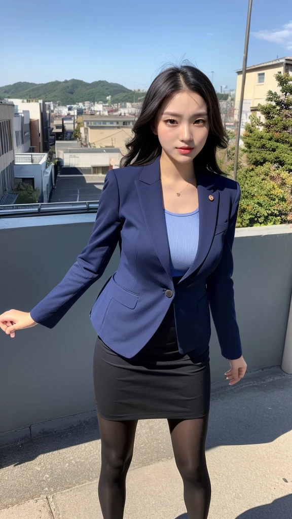 (masutepiece,High quality,16k:1.1),(depth of fields:1.3) ,((front body:1.35)),Japanese ,Woman, ((business suit with dark blue jacket and black pencil skirt)), tights,huge breasts, voluptuous, thicc, curvy,(Looking at Viewer:1.3),(full body shot:1.2),(Beautiful Morning view of town:1.2),