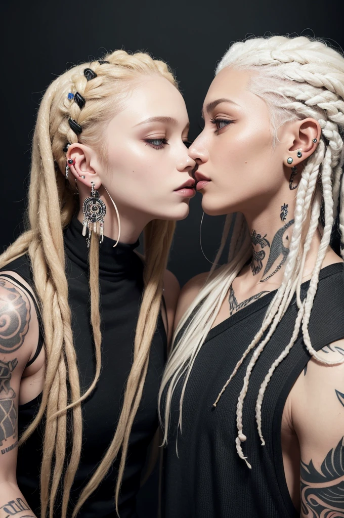 Woman with blonde dreadlocks in her hair, tattooed, com piercings no rosto, ear plug, white skin attached to a man with straight black hair, with tattoos and beard