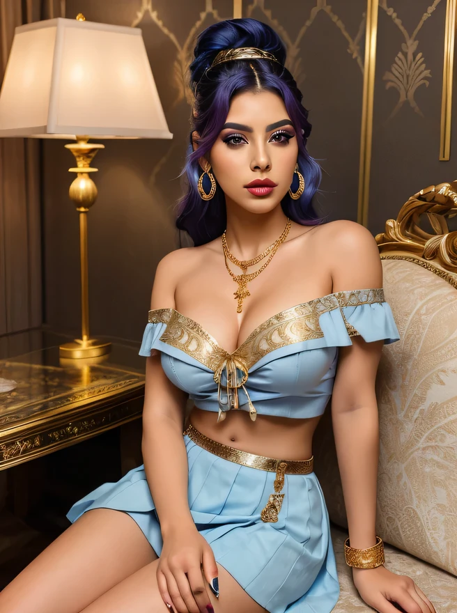 "Generate an image of Marina, a 25-year-old modern Indian influencer, in a realistic and luxurious setting. She is wearing a light blue off-the-shoulder crop top with intricate gold embroidery and a jewel at the center. The top features gold trim around the bust area, which is designed to showcase an increased bust size. The outfit includes a matching light blue skirt with high slits and gold detailing around the waist and thigh straps. Marina's hair is long, braided, and pulled to one side. Her hair color is a deep, reddish-purple hue that’s bold yet sophisticated. She wears blue hair ties to secure sections of the braid, and a matching blue headband with a jewel in the center. Her makeup is glamorous, with bold eyeliner, highlighted cheekbones, and  pink lips. Marina accessorizes with gold earrings, a necklace with matching gold and jewel detailing, and a gold bracelet. She is standing confidently with one arm resting on her hip, holding a golden lamp, exuding an alluring and sophisticated demeanor. The background is luxurious and elegant, with rich patterns and comfortable seating. The overall look is stylish and perfect for her fashion influencer persona."