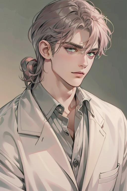 masterpiece, best quality, realistic, 1man, mature male, quiet and charming young man, 35 year old, serious look, closed mouth, portrait, extremely detailed face, cold smile, ((green grey eyes)), ((short-right-swept gray pink hair)), [thick eyebrows], ((suit)), handsome, full body, western, Jewish, light brown skin,