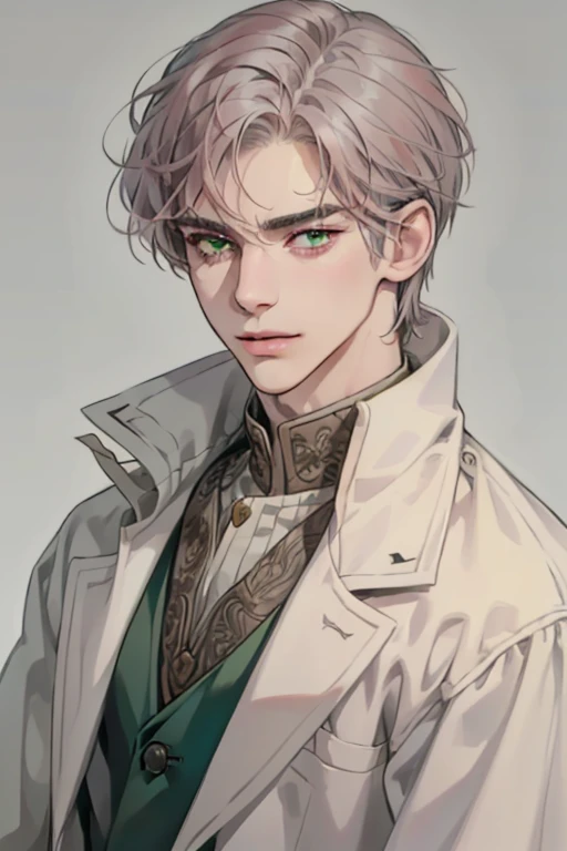 masterpiece, best quality, realistic, 1man, mature male, quiet and charming young man, 35 year old, serious look, closed mouth, portrait, extremely detailed face, cold smile, ((green grey eyes)), ((short-right-swept gray pink hair)), [thick eyebrows], ((suit)), handsome, full body, western, Jewish, light brown skin,