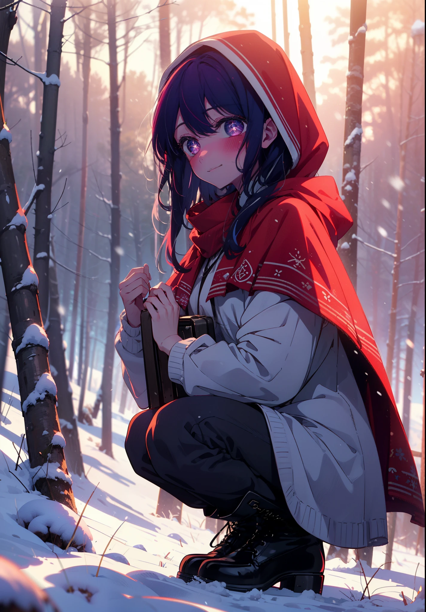 aihoshino, Ai Hoshino, Long Hair, bangs, (Purple eyes:1.1), Purple Hair, (Symbol-shaped pupil:1.5), smile,,smile,blush,White Breath,
Open your mouth,snow,Ground bonfire, Outdoor, boots, snowing, From the side, wood, suitcase, Cape, Blurred, , forest, White handbag, nature,  Squat, Mouth closed, Cape, winter, Written boundary depth, Black shoes, red Cape break looking at viewer, Upper Body, whole body, break Outdoor, forest, nature, break (masterpiece:1.2), Highest quality, High resolution, unity 8k wallpaper, (shape:0.8), (Beautiful and beautiful eyes:1.6), Highly detailed face, Perfect lighting, Extremely detailed CG, (Perfect hands, Perfect Anatomy),