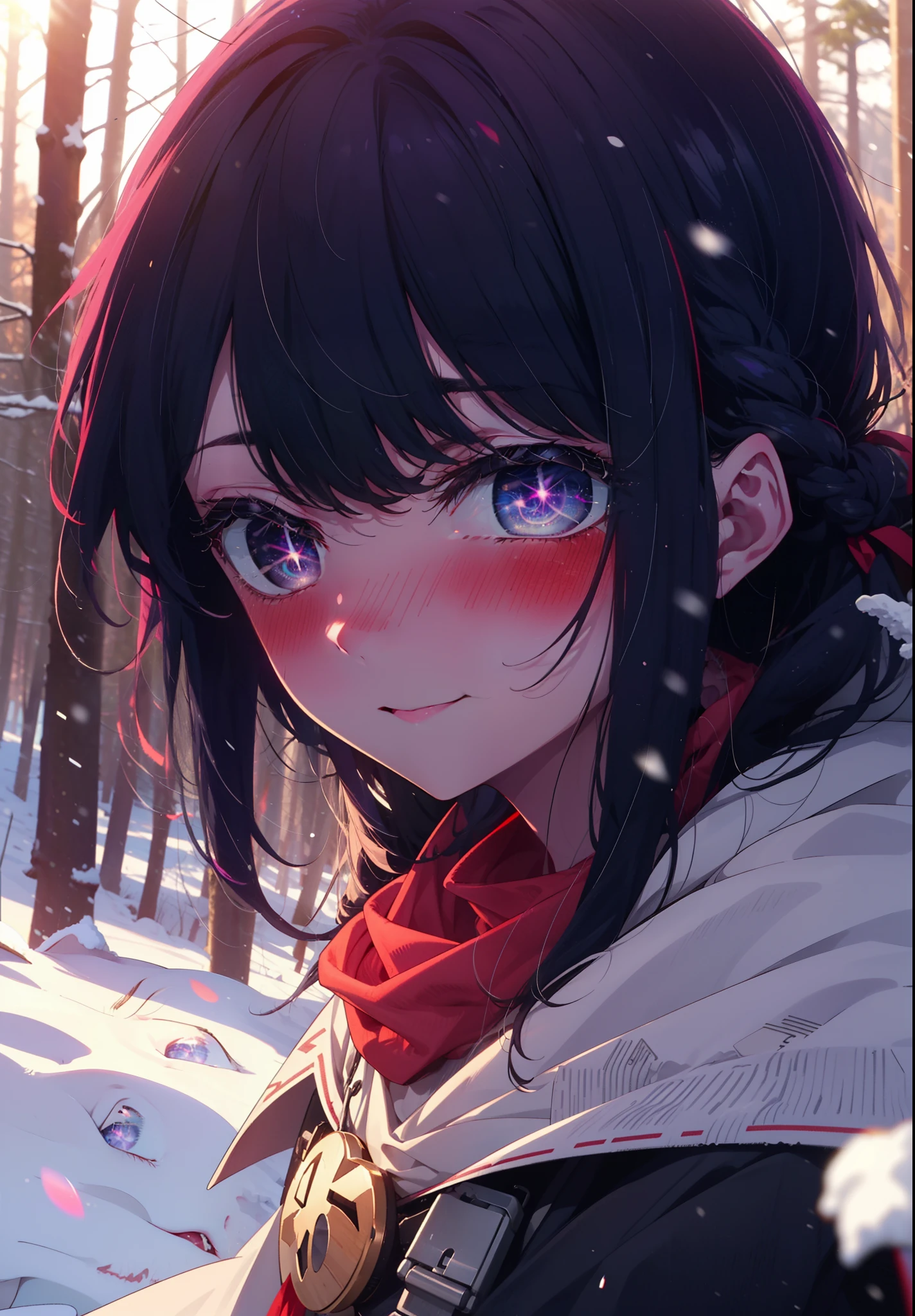 aihoshino, Ai Hoshino, Long Hair, bangs, (Purple eyes:1.1), Purple Hair, (Symbol-shaped pupil:1.5), smile,,smile,blush,White Breath,
Open your mouth,snow,Ground bonfire, Outdoor, boots, snowing, From the side, wood, suitcase, Cape, Blurred, , forest, White handbag, nature,  Squat, Mouth closed, Cape, winter, Written boundary depth, Black shoes, red Cape break looking at viewer, Upper Body, whole body, break Outdoor, forest, nature, break (masterpiece:1.2), Highest quality, High resolution, unity 8k wallpaper, (shape:0.8), (Beautiful and beautiful eyes:1.6), Highly detailed face, Perfect lighting, Extremely detailed CG, (Perfect hands, Perfect Anatomy),