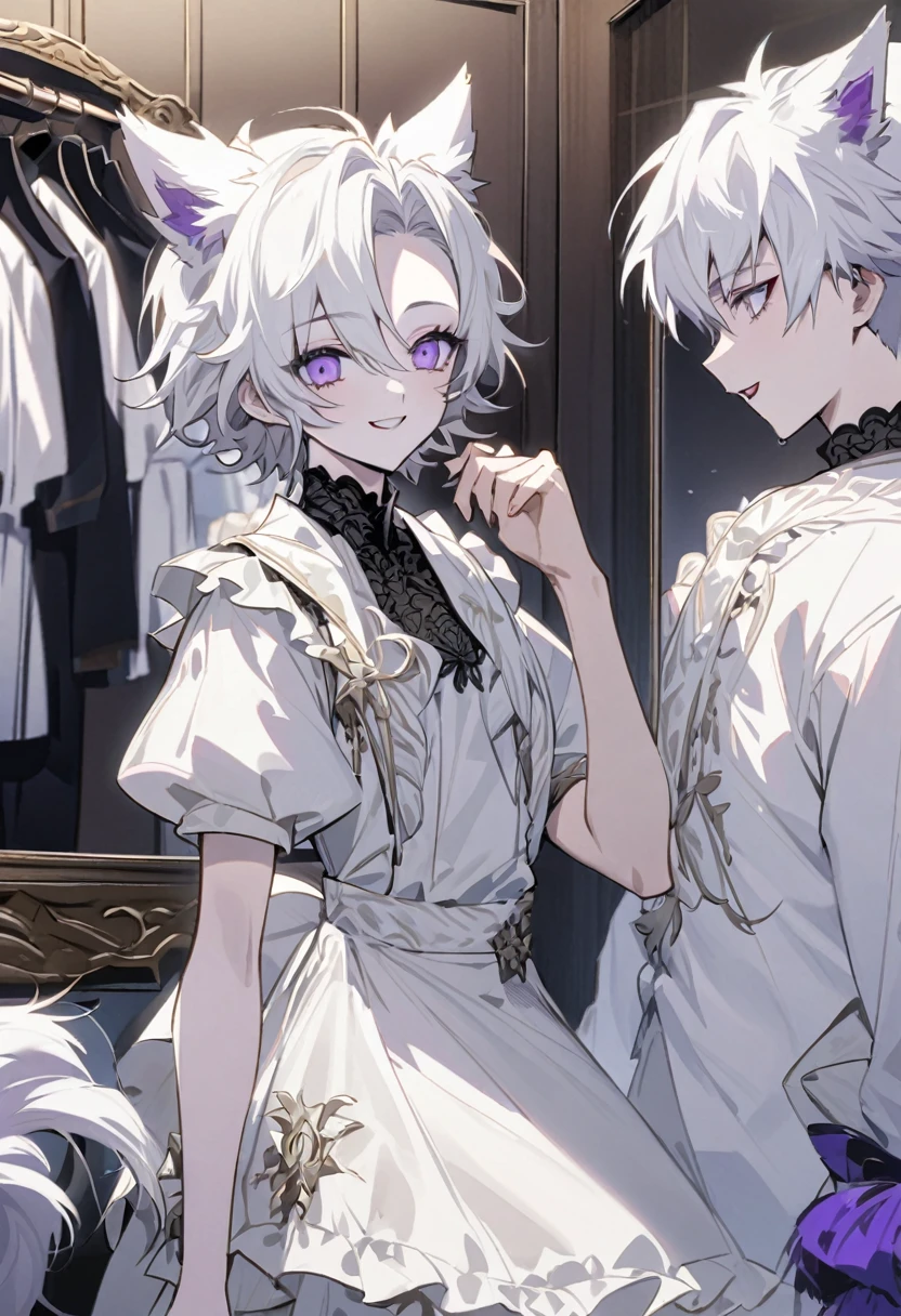 create panel in the art style of mo dao zu shi hybrid character with wolf ears,masculine and dominant gender, short wolfcut white hair , purple raven iris eyes,pale skin, wearing a white ta fashion dress looking in the mirror of a dressing room with a cheerful smile