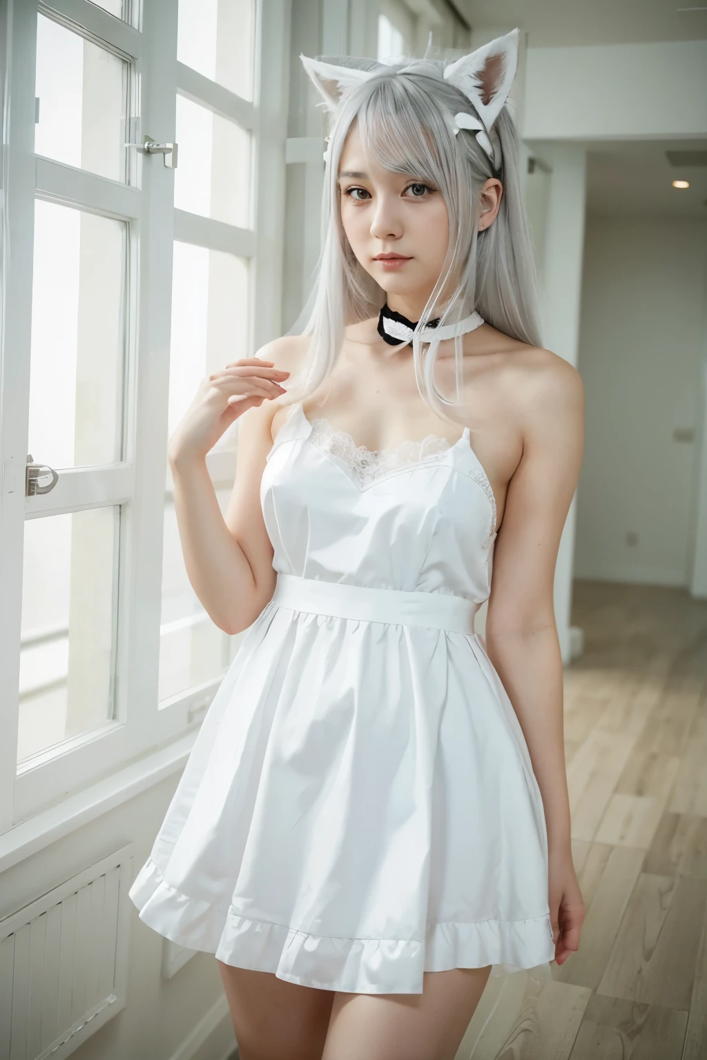 There is a woman wearing a white dress、Woman with a red rose in her hair, anime role play, anime girl role play, role play photo, A fusion of anime style with Fujifilm, role play, White-haired deity, Beautiful fox girl, role player, White cat girl, girl silver hair, Nekomimi, Anime girls in real life, ayaka role play, White Ji haircut,Wearing sexy lace black