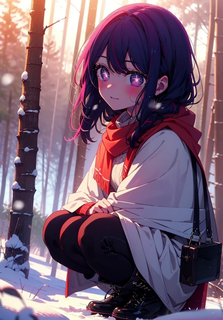 aihoshino, Ai Hoshino, Long Hair, bangs, (Purple eyes:1.1), Purple Hair, (Symbol-shaped pupil:1.5), smile,,smile,blush,White Breath,
Open your mouth,snow,Ground bonfire, Outdoor, boots, snowing, From the side, wood, suitcase, Cape, Blurred, , forest, White handbag, nature, Squat, Mouth closed, Cape, winter, Written boundary depth, Black shoes, red Cape break looking at viewer, Upper Body, whole body, break Outdoor, forest, nature, break (masterpiece:1.2), Highest quality, High resolution, unity 8k wallpaper, (shape:0.8), (Beautiful and beautiful eyes:1.6), Highly detailed face, Perfect lighting, Extremely detailed CG, (Perfect hands, Perfect Anatomy),