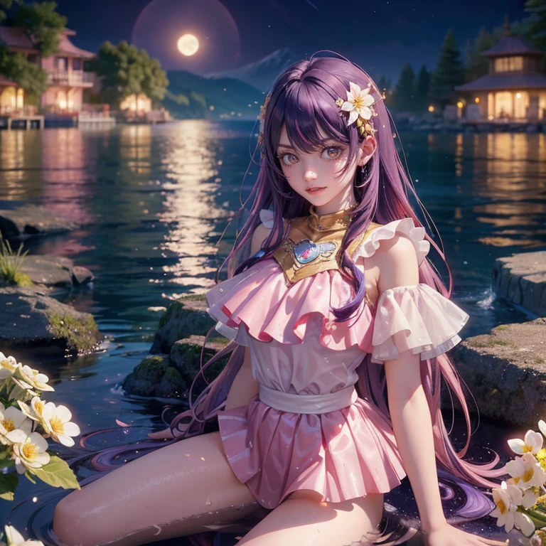 1 girl, lake scene, seat on the water, pink suit, gold details on her clothes, waterfall, white flowers on focus, full moon, night, flowing hair, crystals, sparkles, swim suit, multicolored hair, rabbit jewel on her hair
