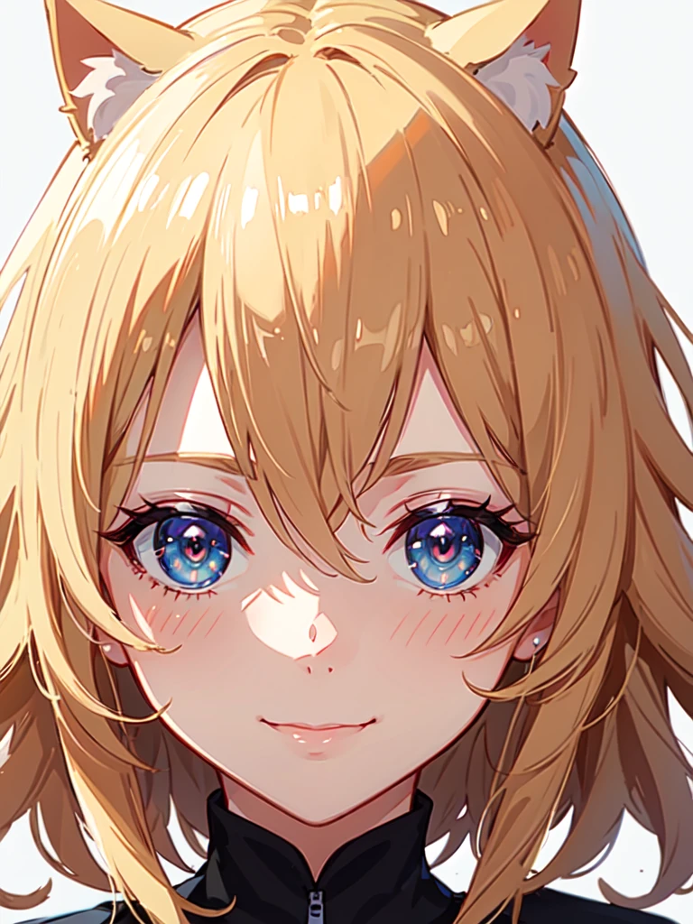 hair over shoulder, wavy hair, hair strand, shiny hair, blonde hair, eye reflection, glowing eyes, slit pupils, amber eyes, cat ears, smile, blush, glint, happy, anime, anime style, En plein air, high detail, cinematic lighting, ray tracing, reflection light, masterpiece, accurate, anatomically correct, super detail, high details, high quality, best quality, highres, 4K
