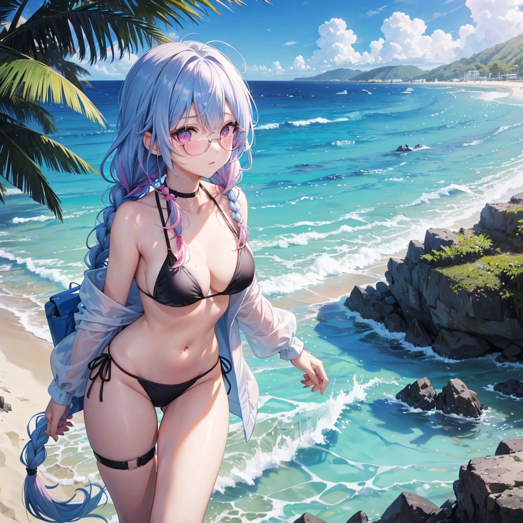 (Sky blue medium hair),(Braided hair tied together)、Pink eyes、Fair skin、(whole body)、(One Girl)、Black Bikini、Large sunglasses with black lenses on his head、Shining white sand beach in midsummer、Okinawa&#39;s ocean、A happy smile、、(masterpiece、Highest quality、Very detailed、Best Shadow)、(Detailed Background)、(Beautifully detailed face)、High contrast、(Best lighting、Very delicate and beautiful)、((Cinematic Light))、colorful、Hyper Detail、Dramatic Light、Exquisite detail、Standing with your legs apart