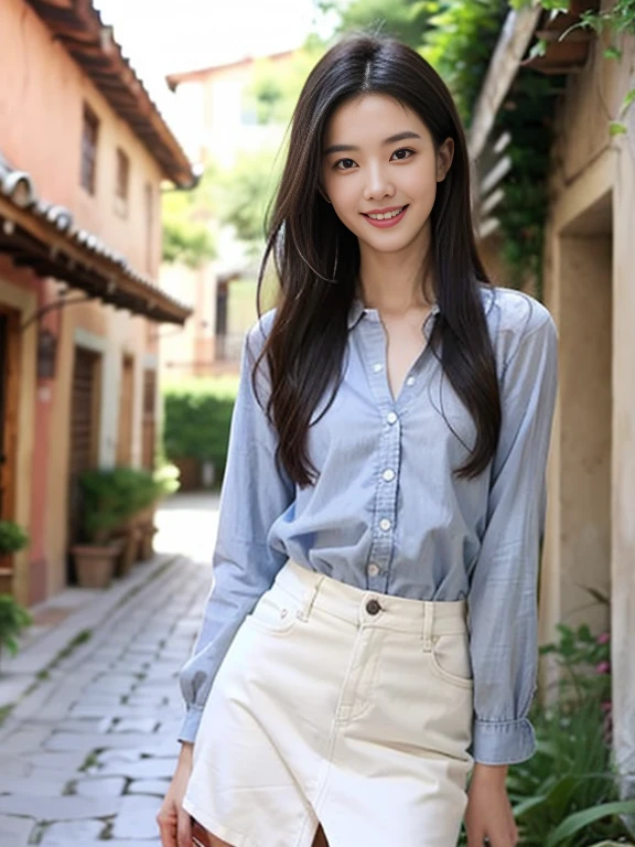 VEEN:,she is a cheerful girl,Best quality, masterpiece, ultra high res, (photorealistic:1.5),detailed skin,more slender and thin body,,baby face,more realistic skin,small breast,deep chest,tt_mosquito:0.9,(small hip),big head , {model intro},HI.. my name is VEEN ,I am a slim and skinny17 year old girl with long hair,,((what a slim and fragile girl she is !!!)),medium ,slenderness,thin , slender body,smile, white teeth ,mouth open,Wearing casual blouses,denim skirt,(detailed background: alleyway of a old spanish village with rustic houses, colourful flowers,cloudy),looking at viewer, cinematic ,portrait,cheerful smile