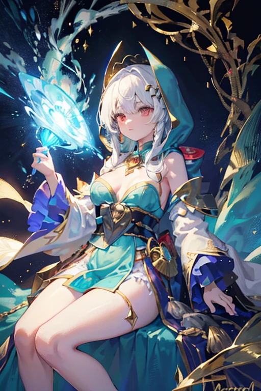 Hooded Cloak: The costume features a hood, adding an air of mystery and elegance. The hood is intricately decorated with gold filigree. Intricate Embroidery: The robe is adorned with silver, gold and turquoise embroidery that highlights the waist, shoulders, and chest areas. These designs give the costume a regal and magical appearance. Flowing Sleeves: The sleeves are wide and bell-shaped, contributing to the ethereal look. They are embellished with the same silver, gold and turquoise patterns as the rest of the outfit. Jewels and Gems: The costume is accented with glowing blue gems that are strategically placed on the chest, waist, and along the sleeves, giving the appearance of magical enhancements. Light and Shimmer: The fabric of the robe appears to be lightweight and shimmery, suggesting a magical or otherworldly material. Accessorized with a Scepter: The character holds a scepter-like object that matches the design of the outfit, further emphasizing the magical theme, full body, white hair, red eyes, medium sized breast.