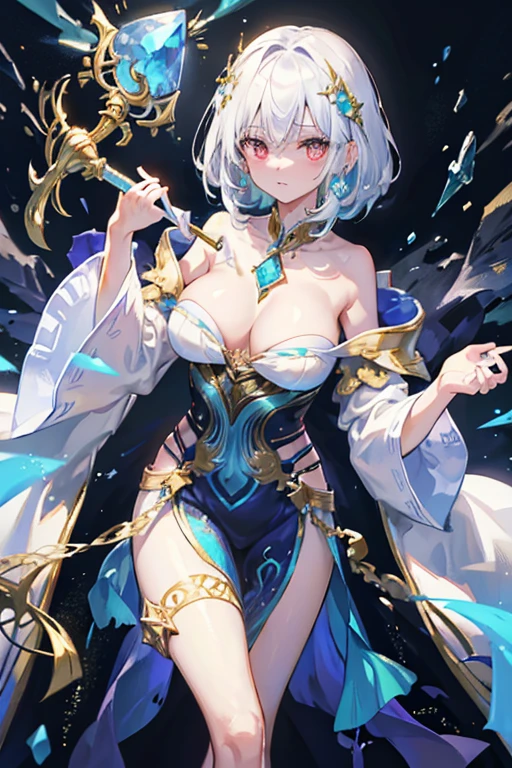 Hooded Cloak: The costume features a hood, adding an air of mystery and elegance. The hood is intricately decorated with gold filigree. Intricate Embroidery: The robe is adorned with silver, gold and turquoise embroidery that highlights the waist, shoulders, and chest areas. These designs give the costume a regal and magical appearance. Flowing Sleeves: The sleeves are wide and bell-shaped, contributing to the ethereal look. They are embellished with the same silver, gold and turquoise patterns as the rest of the outfit. Jewels and Gems: The costume is accented with glowing blue gems that are strategically placed on the chest, waist, and along the sleeves, giving the appearance of magical enhancements. Light and Shimmer: The fabric of the robe appears to be lightweight and shimmery, suggesting a magical or otherworldly material. Accessorized with a Scepter: The character holds a scepter-like object that matches the design of the outfit, further emphasizing the magical theme, full body, white hair, red eyes, medium sized breast.