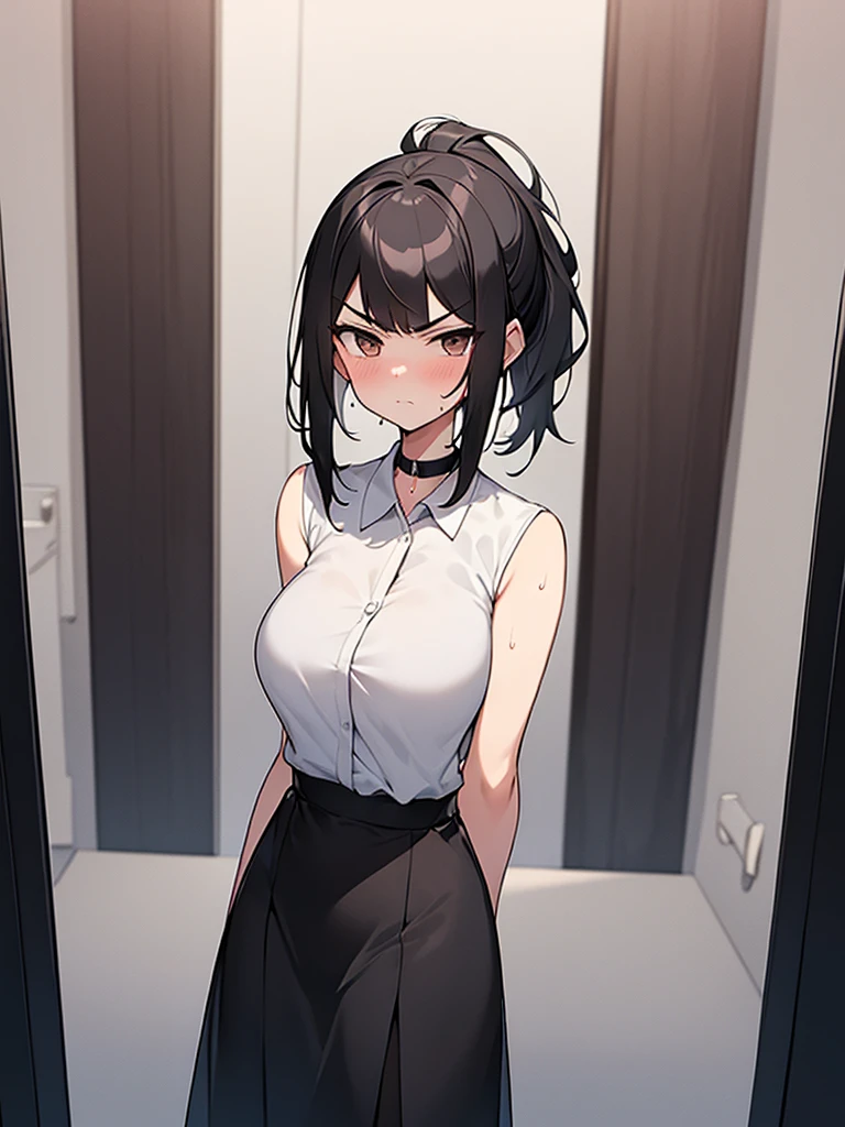 NSFW:1.3. Anime drawings with vivid colors Full-body figures of tall women:1.9 Clothing:1.3 Arms crossed sweat White collared sleeveless shirt and black long skirt with a stylish choker Good posture, troubled face, glaring, wrinkled brows, flushed cheeks, night:1.3 Apartment bedroom Short black hair Ponytail:1.3 Straight hair Sweep your bangs to the side:1.9. Slanted eyes, brown eyes, tall, big breasts, strong-willed, beautiful