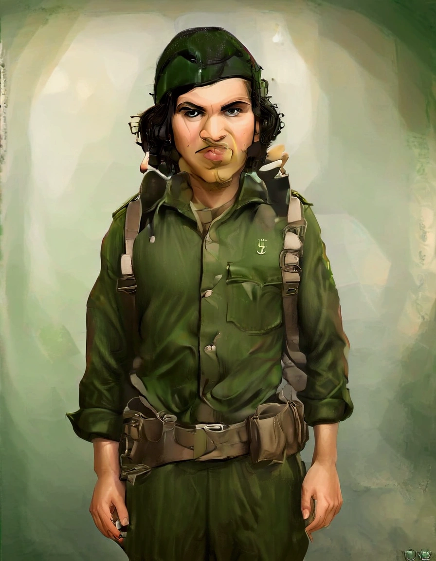 arafed boy in a green uniform stands in a room, soldier outfit, 40's adventurer, in full military garb, wearing military outfit, full costume, dressed like in the 1940s, young female ww 2 soldier, stylised military clothes, in a soldier uniform, jayson tatum as che guevara, inspired by Henry Tonks