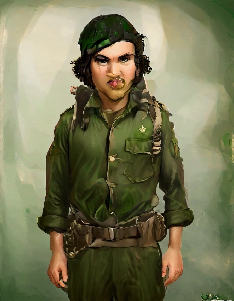 arafed boy in a green uniform stands in a room, soldier outfit, 40's adventurer, in full military garb, wearing military outfit, full costume, dressed like in the 1940s, young female ww 2 soldier, stylised military clothes, in a soldier uniform, jayson tatum as che guevara, inspired by Henry Tonks
