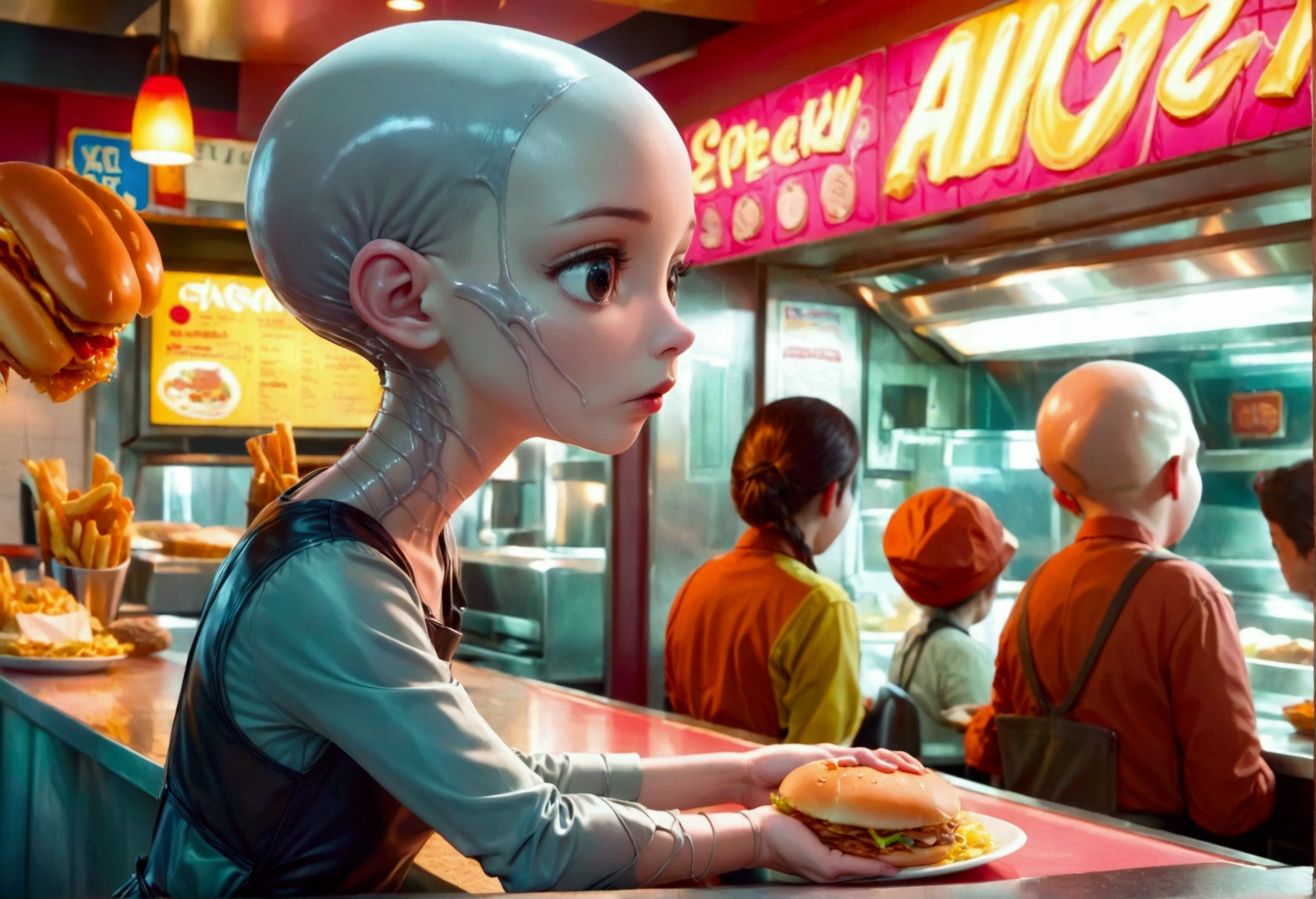 An alien fast food worker (human, age 18, female, shaved head, hypnotized,, minimal clothes, brain parasite), working the counter at an alien restaurant, alien family in line, show her from head to toe

