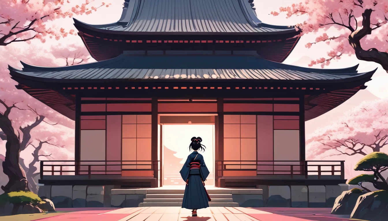 Female Samurai,Background is cherry blossoms and a Japanese temple、 Wide-angle lens, Lofi Anime, Lofi illustration, Aesthetic atmosphere, Lo-Fi Style, Vector art, Flat Design, Simple shape, Warm tones, Pleasant atmosphere, Chill, In anime style, Digital drawing, Vector art, Vector logo for t-shirt printing, (Adorable:1.5), (small:1.4), (Playful:1.2), (soft:1.3), (Whimsical:1.1), masterpiece, Highest quality, 8K, Intricate details, grow, Celestial, Mysterious, Picturesque, amazing, Majestic, Magic, Fantasy art, Cover art, dream-like