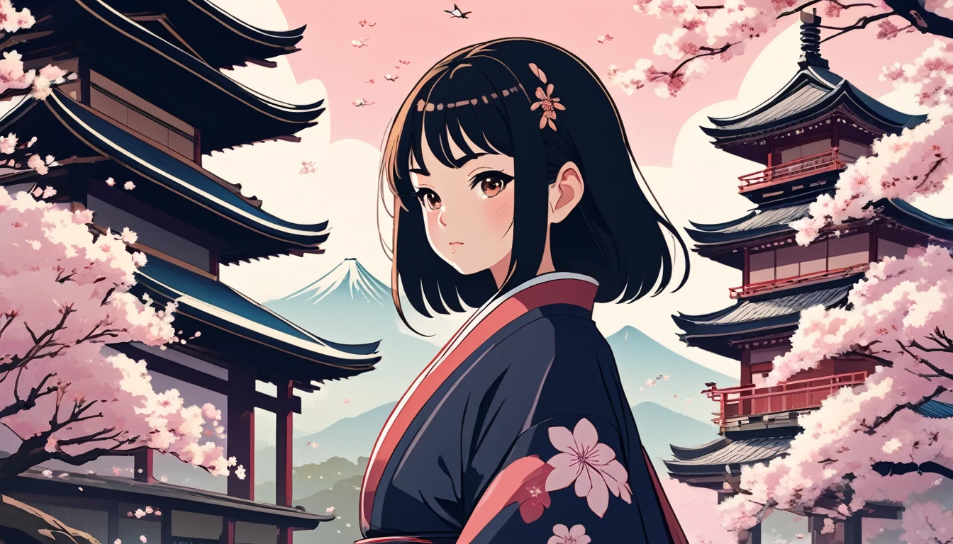 Female Samurai,Background is cherry blossoms and a Japanese temple、 Wide-angle lens, Lofi Anime, Lofi illustration, Aesthetic atmosphere, Lo-Fi Style, Vector art, Flat Design, Simple shape, Warm tones, Pleasant atmosphere, Chill, In anime style, Digital drawing, Vector art, Vector logo for t-shirt printing, (Adorable:1.5), (small:1.4), (Playful:1.2), (soft:1.3), (Whimsical:1.1), masterpiece, Highest quality, 8K, Intricate details, grow, Celestial, Mysterious, Picturesque, amazing, Majestic, Magic, Fantasy art, Cover art, dream-like