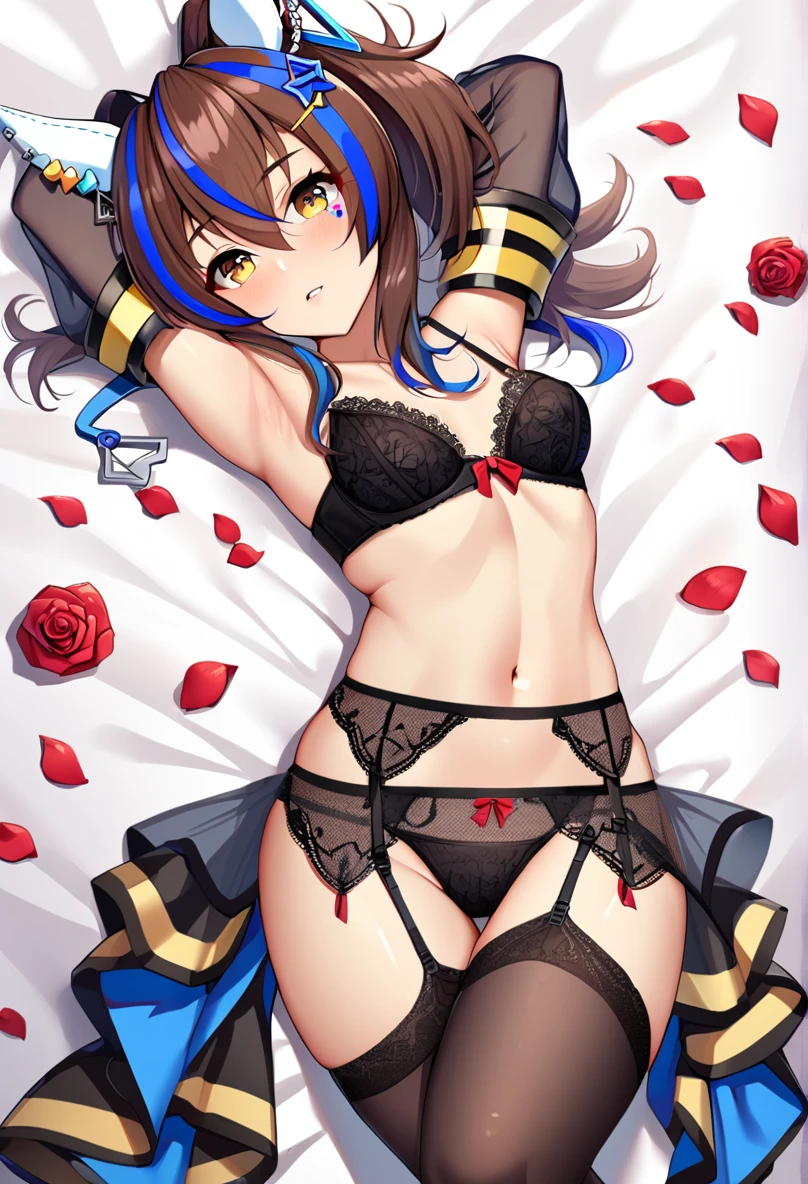 1Girl,solo,daitaku helios(umamusume), umamusume,ster, black hair, ponytail, horse ears, breasts, underwear, navel, panties, lying, flower, rose, hair ornament, bra, blue rose, on back, garter belt, looking at viewer, thighhighs, arms up, petals, blue flower, armpits, black panties, black bra, parted lips, small breasts, see-through, hair flower, lingerie, stomach, detached sleeves, black thighhighs, masterpiece, best quality, very aesthetic, mid, recent