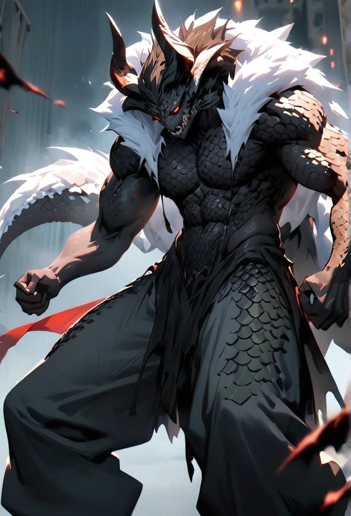 (High resolution, best quality, masterpiece), detailed, ultra detail, 1male, physically fit, muscular body, fierce expression, dark eyes, (detailed eyes), Yellow hair, short length hair, full body, ((dragon horns)), ((face: dragon scales)), face covered in scales, human body, human skin ((topwear: fur lined coat, bottomwear: baggy jeans)), snowy background, part draconic, somber expression, inhuman, reptilian skin