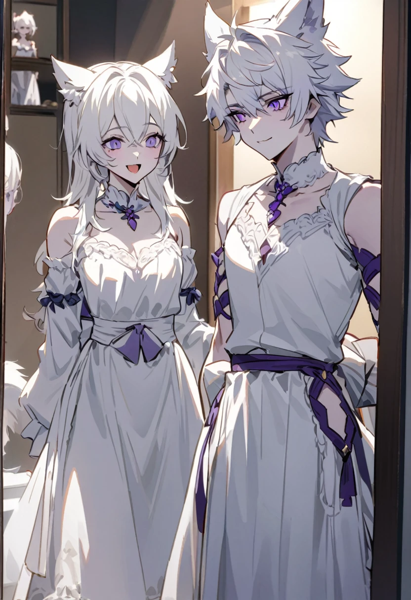 create panel in the art style of mo dao zu shi hybrid character with wolf ears,masculine and dominant gender, short wolfcut white hair , purple raven iris eyes,pale skin, wearing a white lolita fashion dress looking in the mirror of a dressing room with a cheerful smile 