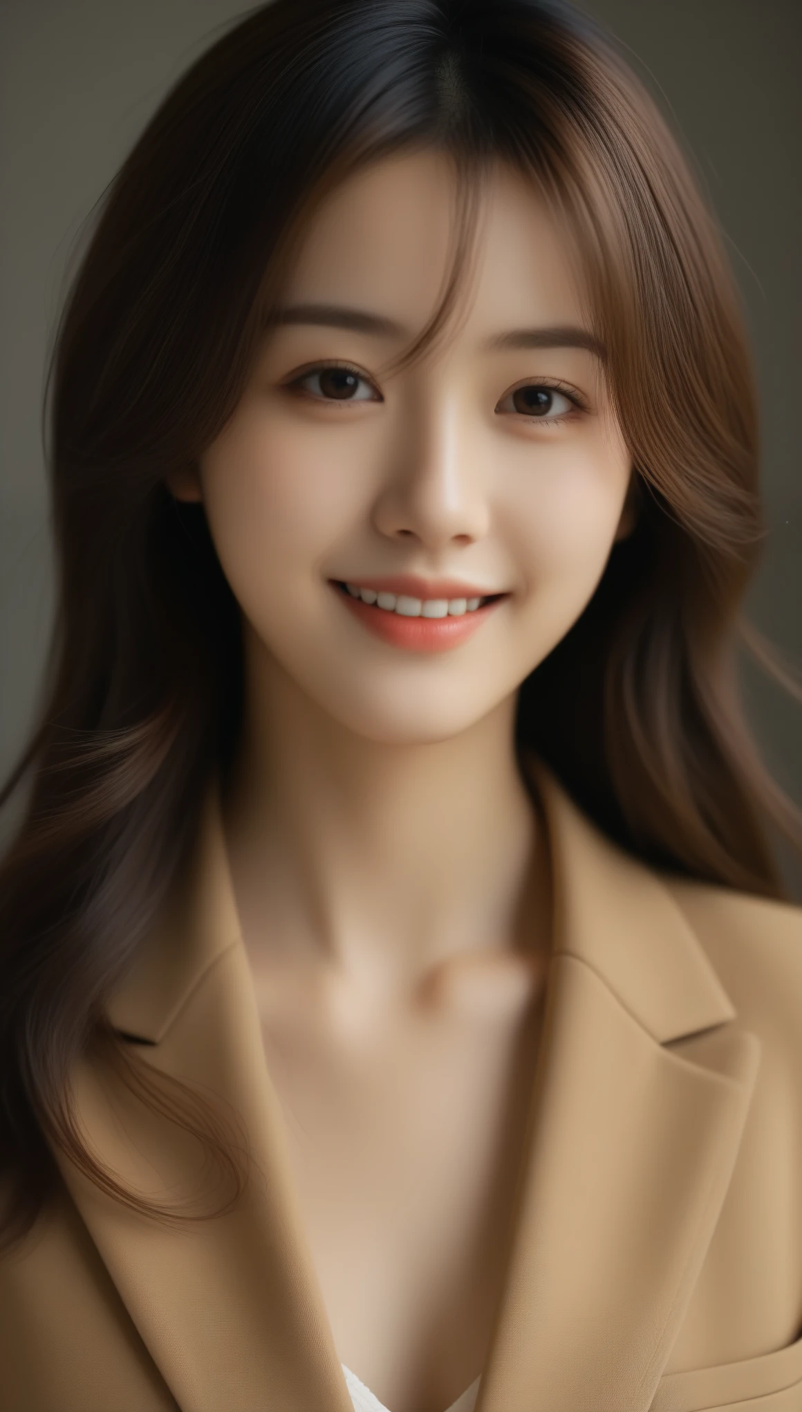 8K, Ultra-high resolution, Highest quality, masterpiece, 三分割法によるphotograph,Surreal, photograph, 1 Girl, (:1.3), pretty girl, Cute face, Beautiful eyes in every detail, 細かくdetailedに,masterpiece,One Girl:1.2, Japan Female Announcer,Tabletop、light brown disheveled hair,Wearing a blazer uniform、Sharp focus、Perfect dynamic composition、Beautiful and detailed、Thin Hair、Detailed real skin texture、smile、Close-up portrait、Model Body Type,Looking at the audience、beauty,Long neck、(((Ideal body type))),A cup small breasts :2,、Portraiture:2、Perfect Anatomy、なdetailed、detailed、Surreal、Light and shadow,Strong light