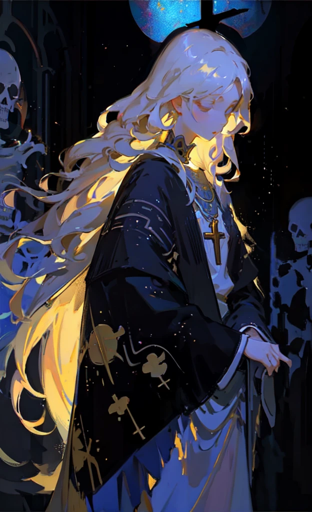 Golden rain,Reflection,1. ,White extra-long curly hair,No face,church,Skeleton,Colored flowers,Blue Theme,Abstract Art,indoor,Very high dome