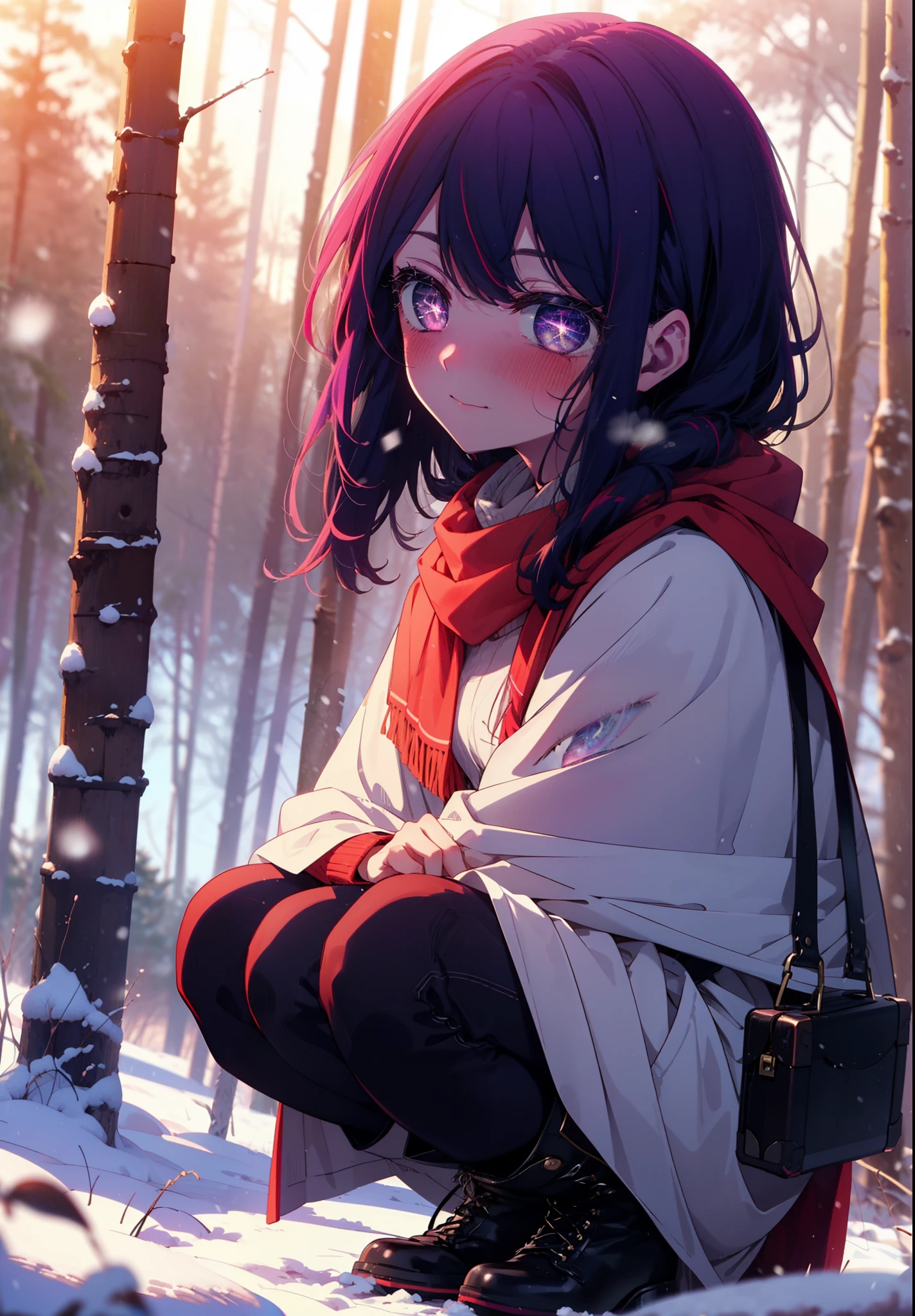 aihoshino, Ai Hoshino, Long Hair, bangs, (Purple eyes:1.1), Purple Hair, (Symbol-shaped pupil:1.5), smile,,smile,blush,White Breath,
Open your mouth,snow,Ground bonfire, Outdoor, boots, snowing, From the side, wood, suitcase, Cape, Blurred, , forest, White handbag, nature,  Squat, Mouth closed, Cape, winter, Written boundary depth, Black shoes, red Cape break looking at viewer, Upper Body, whole body, break Outdoor, forest, nature, break (masterpiece:1.2), Highest quality, High resolution, unity 8k wallpaper, (shape:0.8), (Beautiful and beautiful eyes:1.6), Highly detailed face, Perfect lighting, Extremely detailed CG, (Perfect hands, Perfect Anatomy),